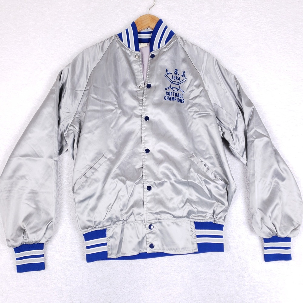Howe Vintage 80s Satin Bomber Jacket Men‎ XL Silver Blue Varsity Softball 1984